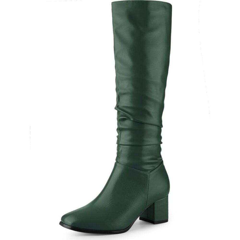 Square Toe Chunky Heel Slouch Knee Highs Boots Dark Green
